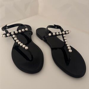 Stuart Weitzman Black Sandals with Pearl Details